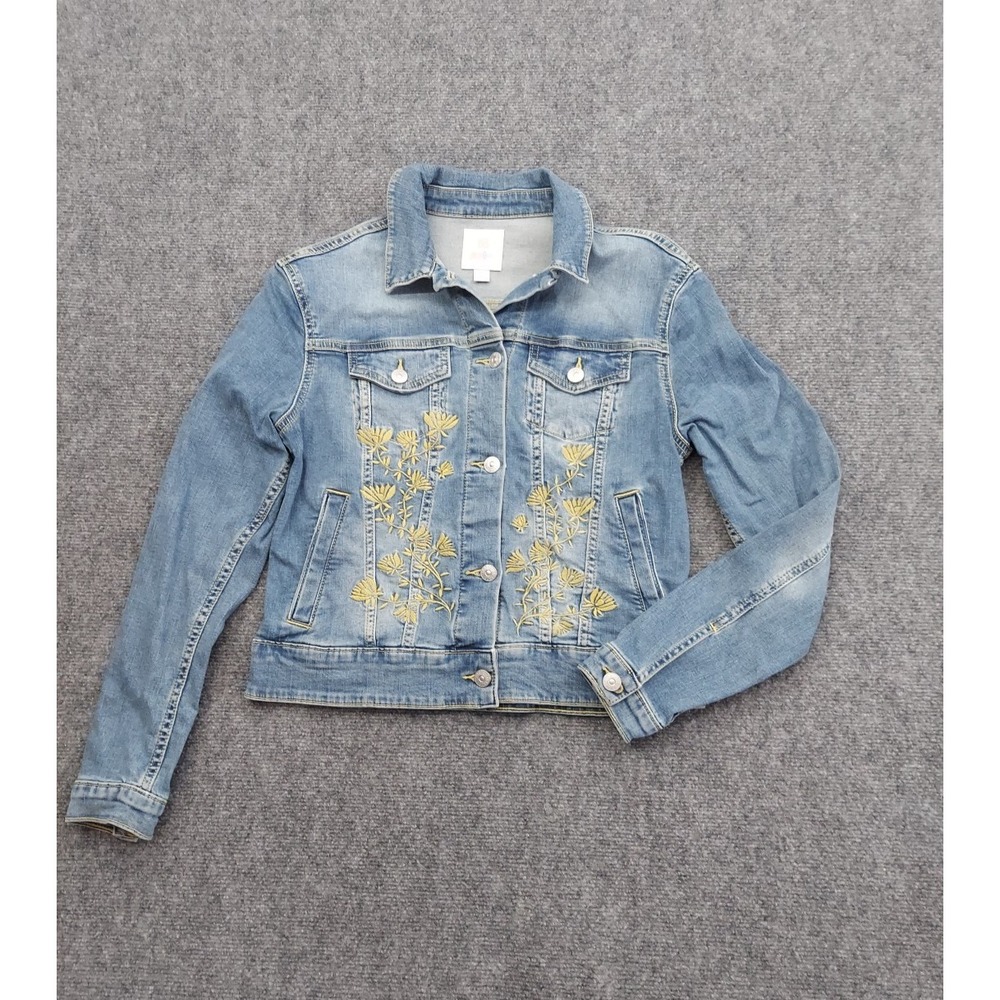 Lularoe Denim Jacket Womens Small Blue Yellow Floral Embroidered Trucker Stretch